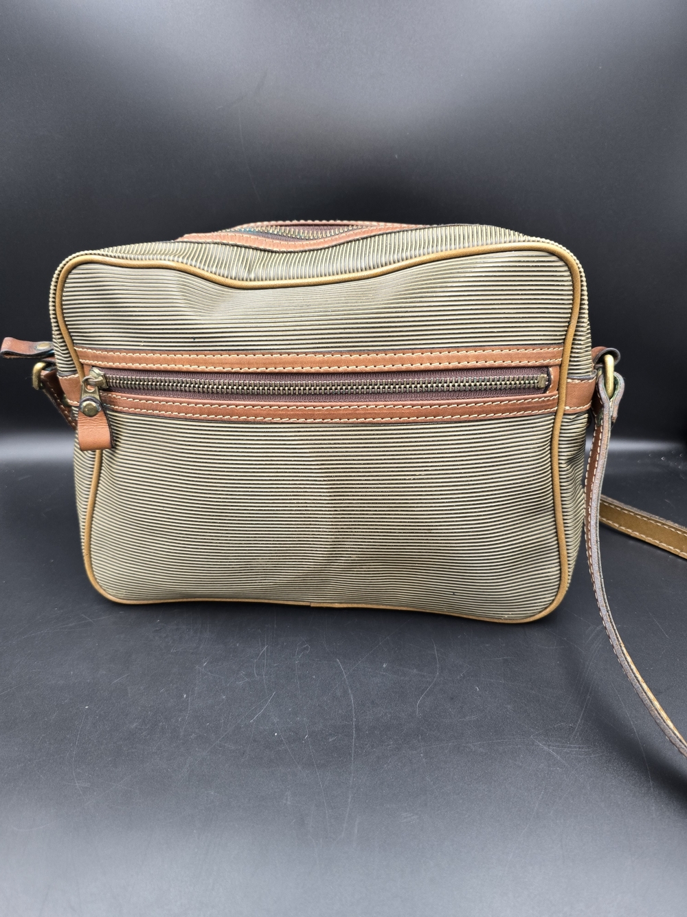 Textured Neutral Crossbody Bag with Brown Trim